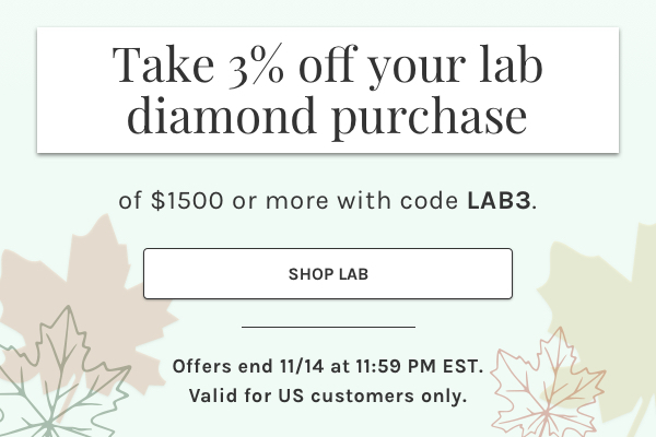 Take 3% off your lab diamond purchase of $1500 or more with code LAB3. Shop lab. Offers end 11/14 at 11:59 PM EST. Valid for US customers only.