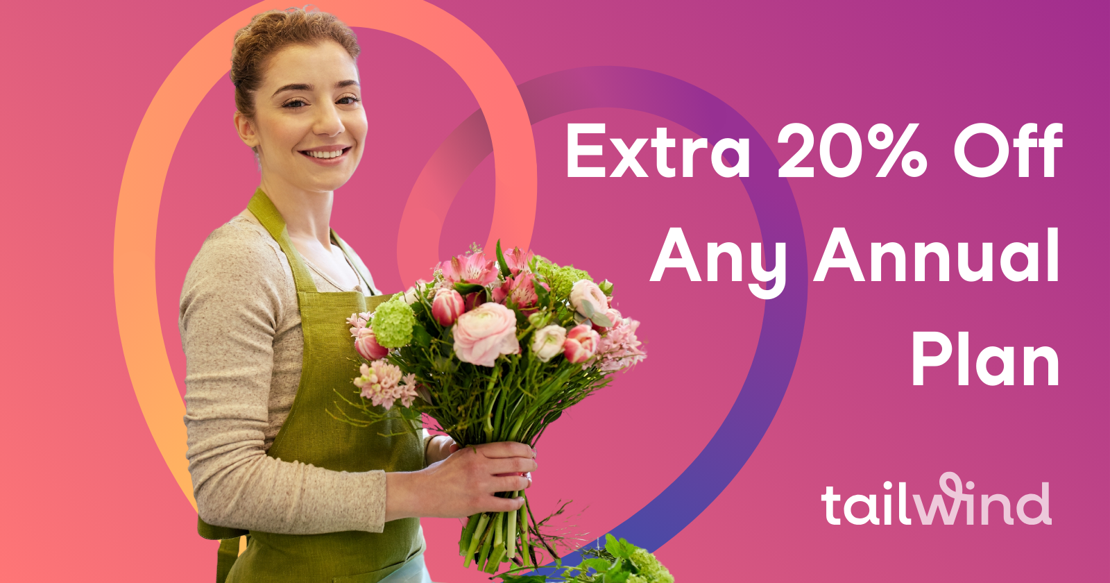 Woman holding flowers. Extra 20% Off Any Annual Plan