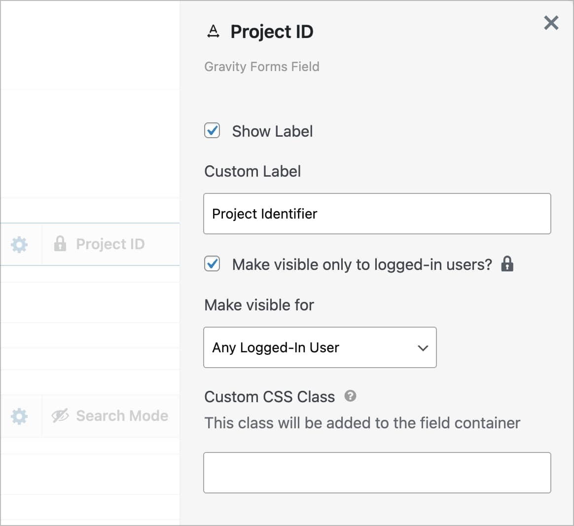 Search input settings; here there is an option to 'Make visible only to logged-in users'