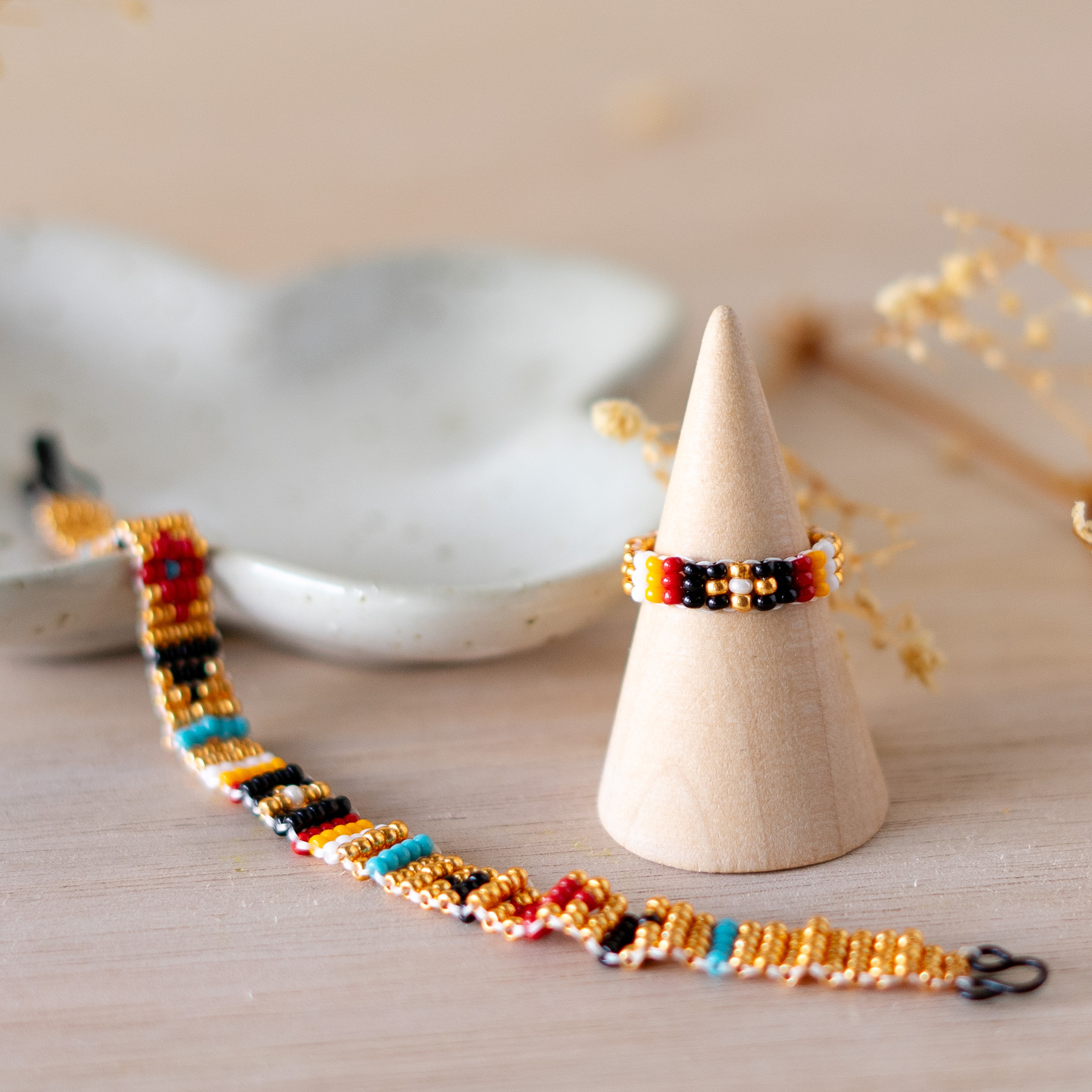 beaded bracelet and ring