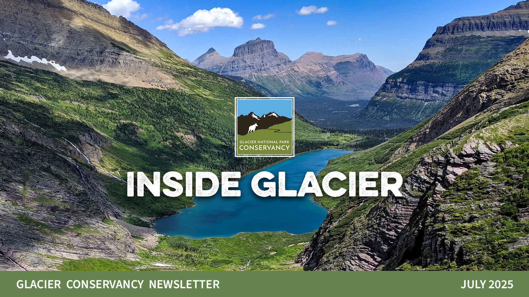 A wide shot of mountains and glaciers in the park.