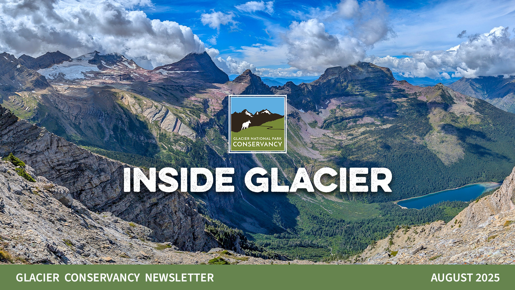 A wide shot of mountains and glaciers in the park.