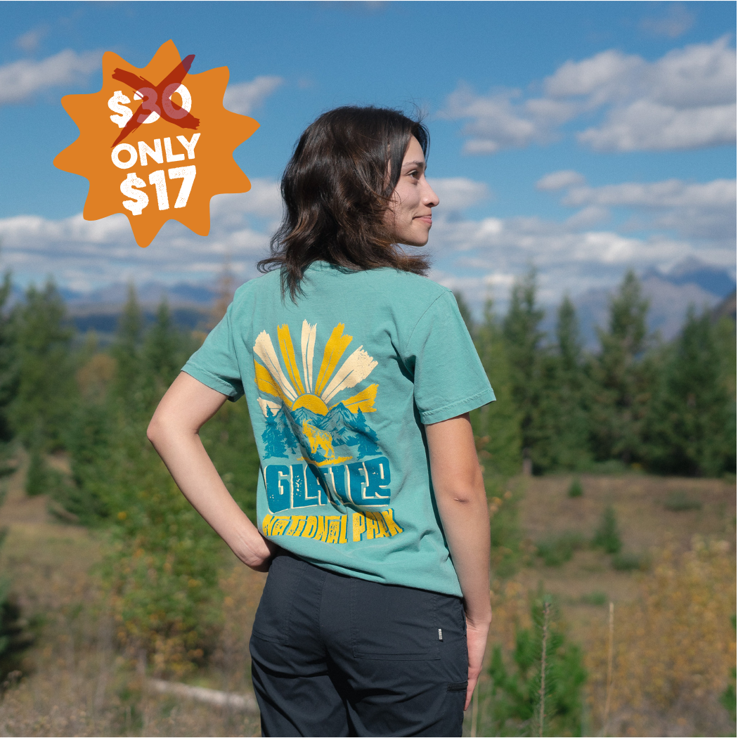 A women wearing a teal shirt with a large back graphic