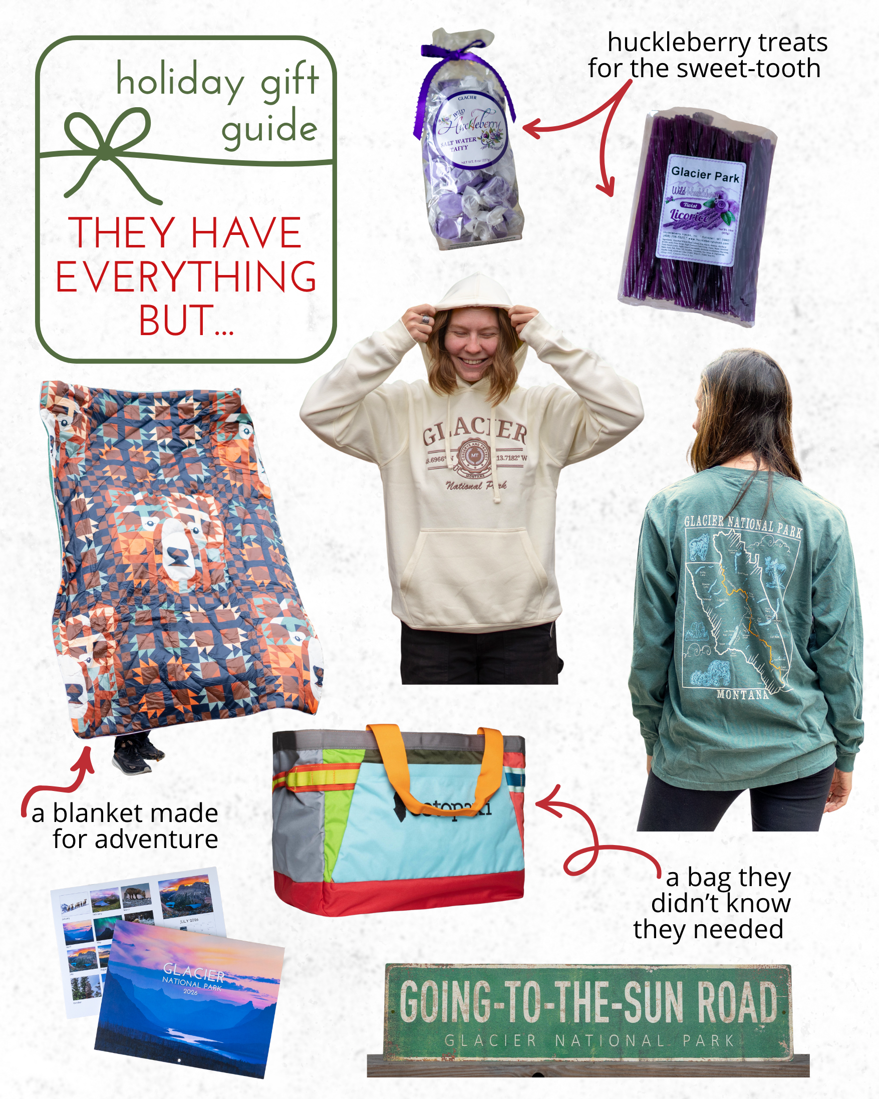 Gift Guide for they have everything but: huckleberry treats for the sweet-tooth, a blanket made for adventure, a bag they didn't know they needed
