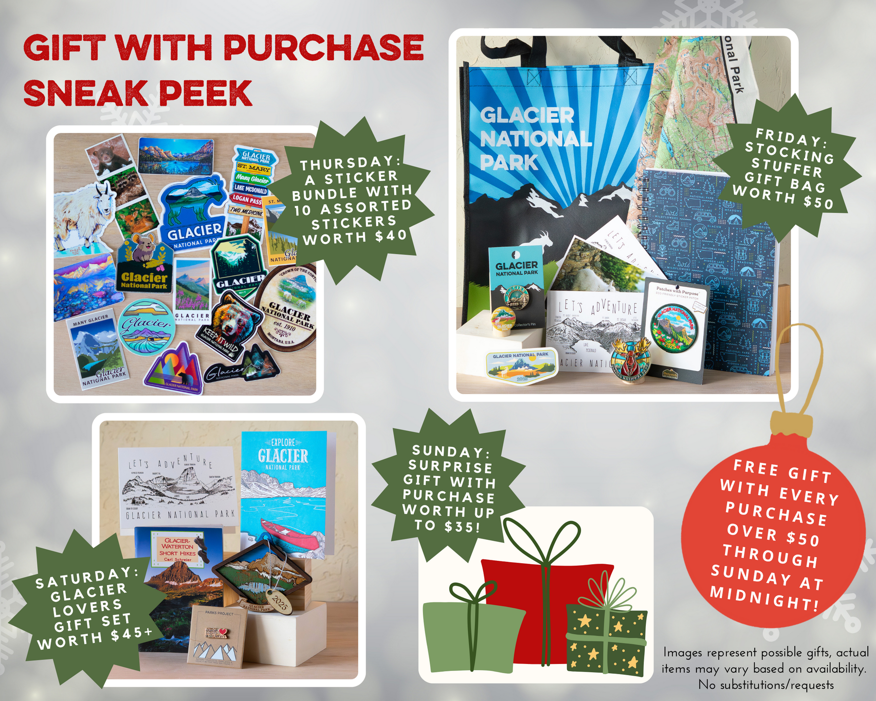 Gift With Purchase Sneak Peek: Thursday is a sticker bundle worth $40, Friday is a stocking stuffer gift bag worth $50, saturday is a Glacier gift set worth $45, sunday is a surprise worth $35, free gift with every purchase over $50 through sunday at midnight 