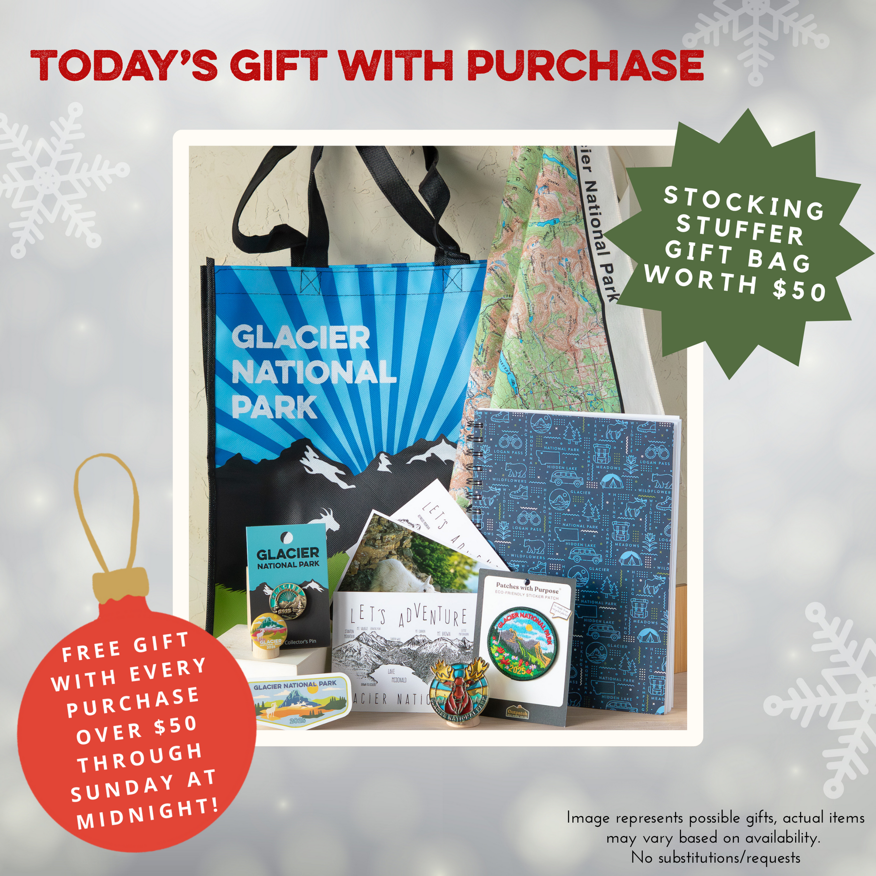Todays free gift with purchase: stocking stuffer bag worth $50, free gift with every purchase over $50 through sunday at midnight, image represents possible gifts, actual items may vary based on availability, no substitutions/ requests