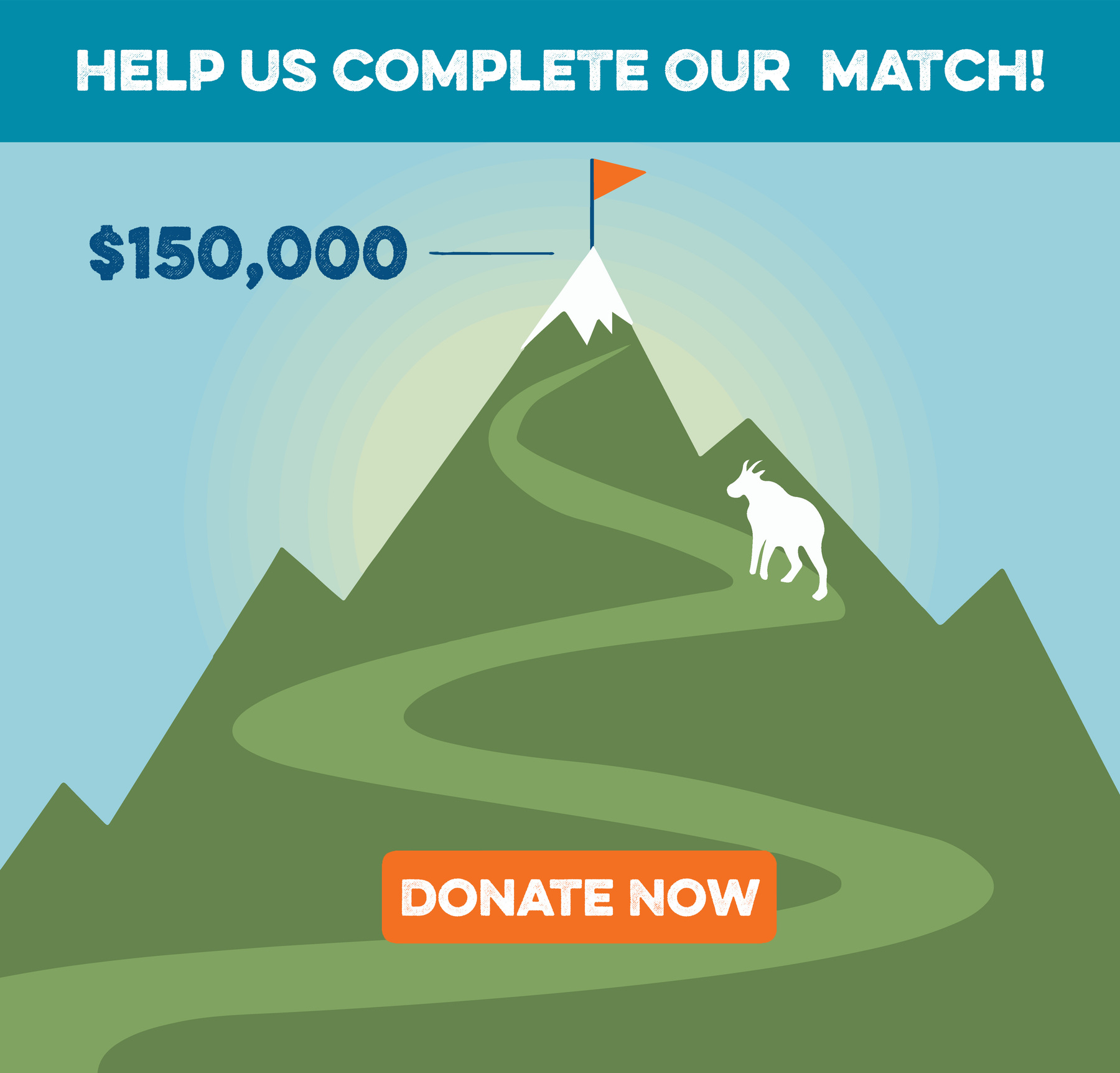 A graphic that says Help us complete our match of $150,000! 