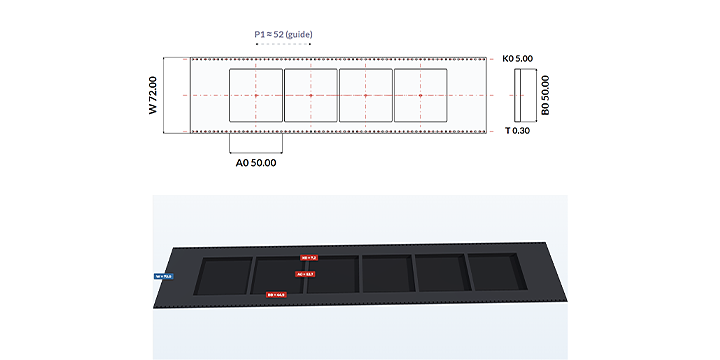3D model and 2D drawing of a custom carrier tape