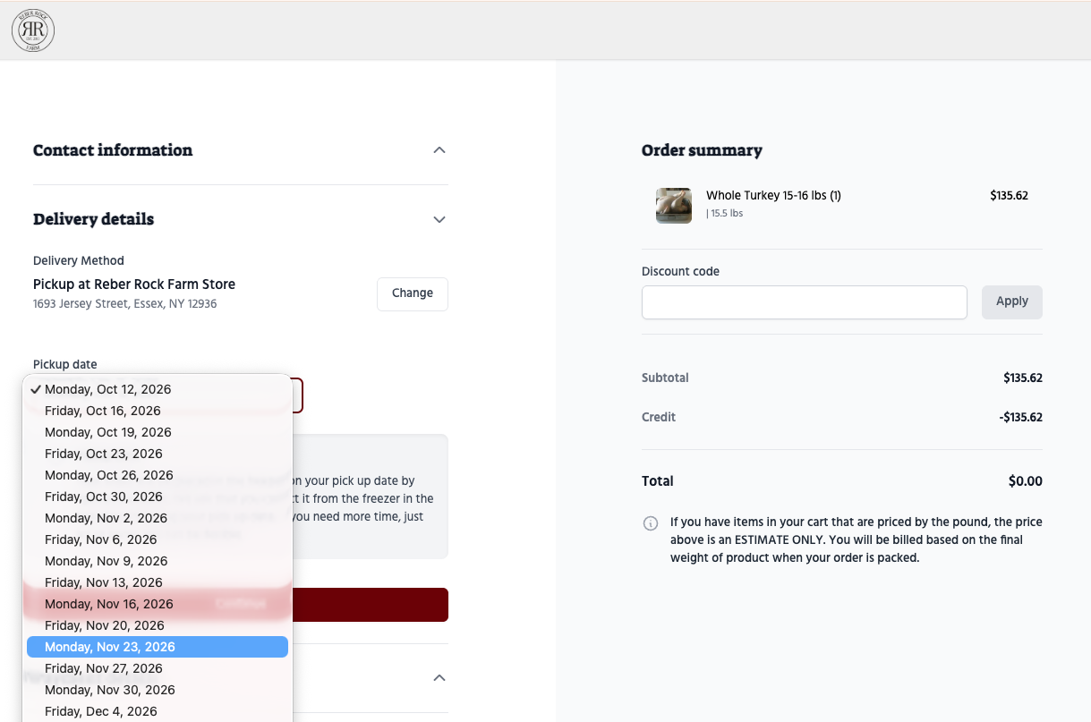 The Delivery details section at checkout, showing where to choose your pickup date